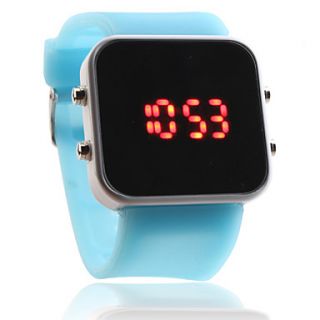 Silicone Band Women Men Unisex Jelly Sport Style Square Mirror LED Wrist Watch   Light Blue