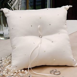 Simple Ring Pillow In White Satin With Rhinestones