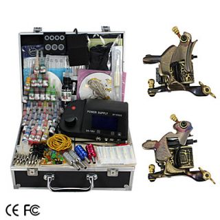 2 Handmade Damascus Tattoo Guns Kit with LCD Power Supply and 46 Color Ink