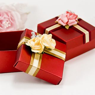 Red Square Favor Box With Ribbon And Flower (Set of 6)