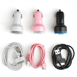 Dual USB Port Car Cigarette Charger with 30pin Cable for iPhone, iPad, iPod and Other Tablets