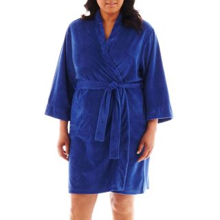 Earth Angels 3/4 Sleeve Short Wrap Robe   Plus, Navy, Womens