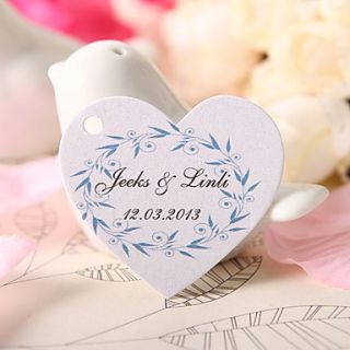 Personalized Heart Shaped Favor Tag   Blue Leaves (Set of 60)