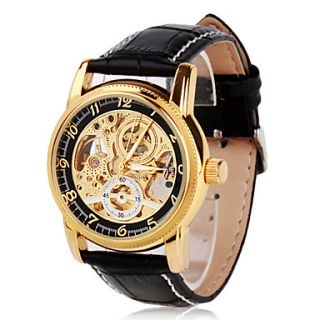 Mens Auto Mechanical Elegant Gold Skeleton Black PU Band Wrist Watch