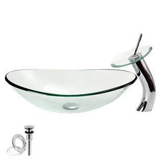 Round Tempered Glass Vessel Sink With Waterfall Faucet ,Pop   Up drain and Mounting Ring