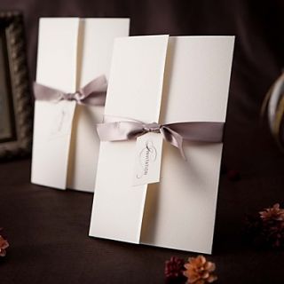 Simple Design Tri folded Wedding Invitation With Grey Ribbon (Set of 50)