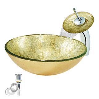 Tempered Glass Vessel Golden Sink With Waterfall Faucet ,Pop   Up drain and Mounting Ring