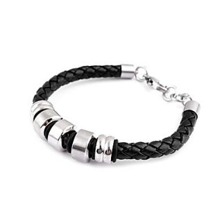 Mens Leather Bracelet with Five Titanium Steel Rings (Black)