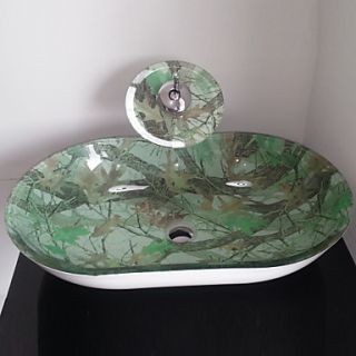 4244 Tempered Glass Vessel Rectangular Sink With Waterfall Faucet and Pop Up Drain and Mounting Ring
