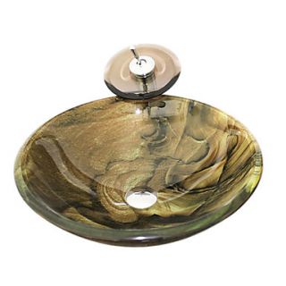 Tempered Glass Vessel Round Sink With Waterfall Faucet ,Pop   Up drain and Mounting Ring