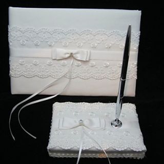 Elegant Wedding Guestbook And Pen Set With Lace