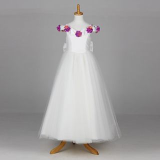 Sweet Short Sleeve Tulle And Satin Wedding/Evening Flower Girl Dress With Flowers