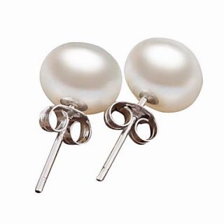 Titanium Sterling Silver White Freshwater Cultured Pearl Button Stud Earrings With With Gift Box (8 9mm)
