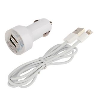 LED Indicator Dual USB Port Car Charger with 100cm Lightning Cable for iPad Mini,iPhone 5,iPad 4 (DC12 24V,2.1A)