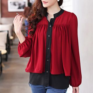 Womens Colorblock Bishop Sleeve Shirt with Ruffles