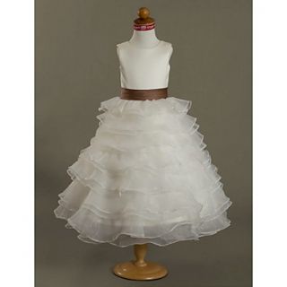 Ball Gown JewelTea length Satin Organza Flower Girl Dress