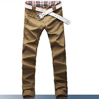 Mens Basic Solid Color Buckle Slim Long Pants(Belt Not Included)