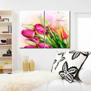 Modern Style Rose Floral Wall Clock in Canvas 2pcs