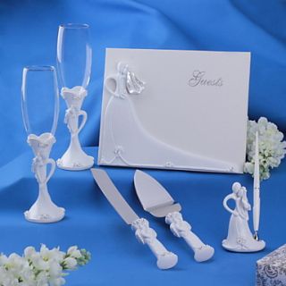 Wedding Collection Set Including Guestbook,Pen Holder,Embrace Couple Toasting Flutes and Cake Server Knife(6 Pieces)