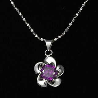 Delicate Sterling Silver With Purple Crystal Flower Shaped Pendant Womens Necklace