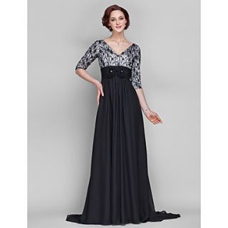 A line V neck Sweep/Brush Train Chiffon And Lace Mother of Bride Dress (682757)