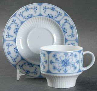 Kaiser Indige Flat Cup & Saucer Set, Fine China Dinnerware   Blue Flowers & Line
