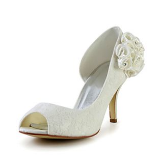 Bridal Satin and Lace Stiletto Heel Pumps with Satin Flower Wedding Shoes(More Colors)