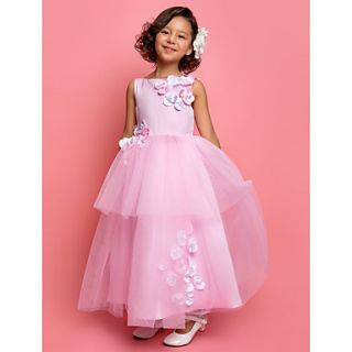A line Princess Jewel Ankle length Satin And Tulle Flower girl dress With Flower