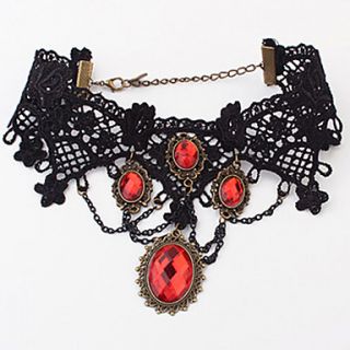Fashion Alloy With Red Rhinestone/Black Lace Womens Necklace