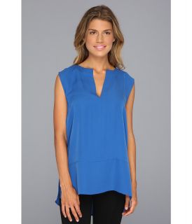 Halston Heritage Sleeveless Notched Neck Top w/ Shirttail Hem Womens Sleeveless (Blue)