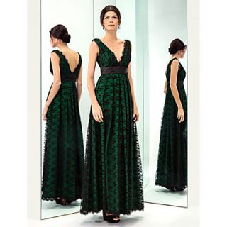 A line V neck Floor length Stretch Satin And Lace Evening Dress (759837)
