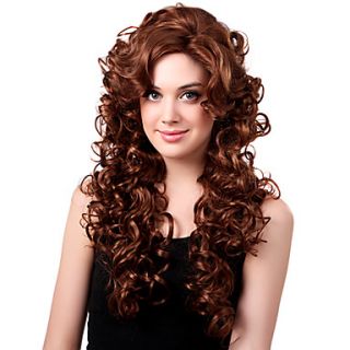 Capless Long High Quality Synthetic Medium Copper Red Curly Hair Wigs Side Bang