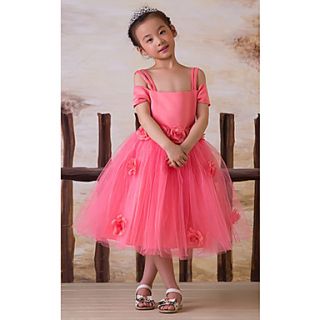 A line Princess Square Knee Length Satin And Tulle Flower Girl Dress