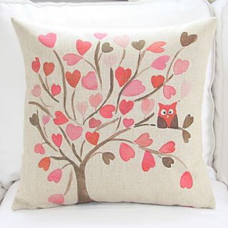 18 Ink Painting Pink Tree with Owl Cotton/Linen Decorative Pillow Cover