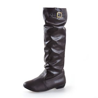 Faux Leather Chunky Heel Knee High Boots With Buckle