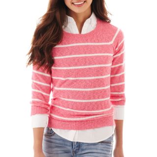 3/4 Sleeve Striped Crewneck Sweater, White/Pink, Womens