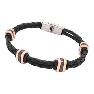 Mens Simple Leather Two double Woven Stainless Steel Gold Bracelet