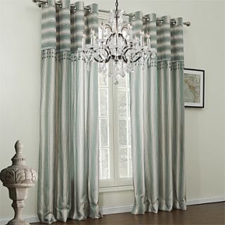 (One Pair Grommet Top) Mediterrannean Green Wide Stripe Energy Saving Curtain With Valance
