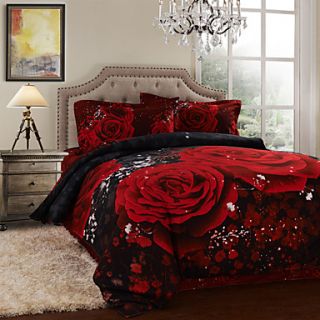 Duvet Cover Set,4 Piece Brushed 3D Effect Printed Red Rose Full Size