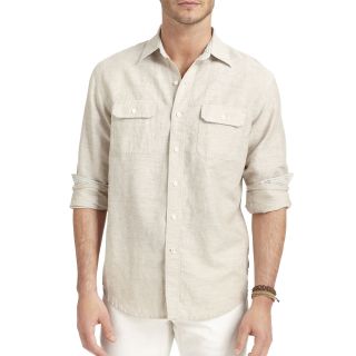 Izod Long Sleeve Solid Linen Cotton Woven Shirt, Pale Khaki, Mens