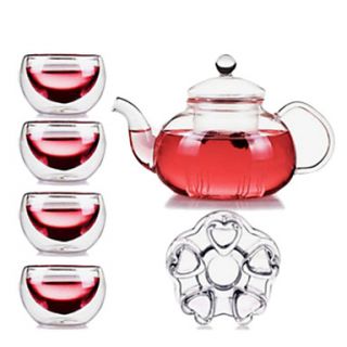 Teapot Set, Glass 1pc 19oz Teapot/4pcs Teacups/1pc Heart Candleholder