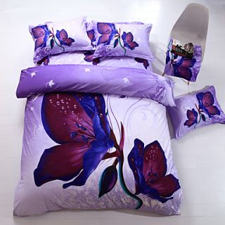 Duvet Cover Set,4 Piece 3d Effect Printed Purple Morning Glory Full Size