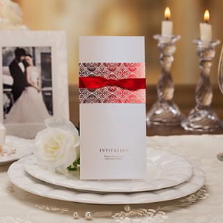 Elegant Wedding Invitation With Red Ribbon   Set of 50