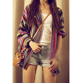 Womens Vintage Stripe Knit Sweater Boho Ethnic Cardigan tops Rainbow Weave Coat