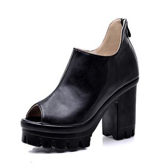 ELF Shoes Womens Fashion Peep Toe Platform Chunky Heel PU Leather Shoes