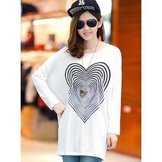 Uplook Womens Casual Round Neck White Heart Pattern Loose Fit Batwing Long Sleeve T Shirt 316#