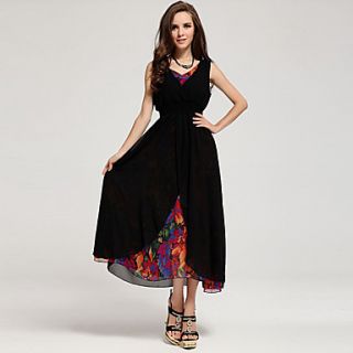 Color Party Womens V Neck Pure Color Dress (Black)