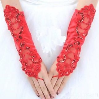 Red Double sided Embroidery Bridal Fingerless Gloves
