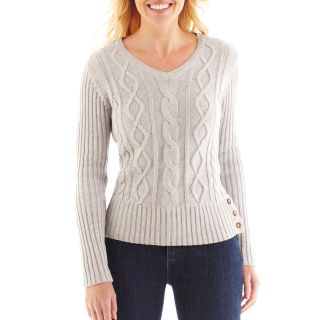 LIZ CLAIBORNE Long Sleeve Button Hem Sweater, Gray, Womens