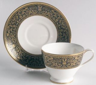Minton Grandee Footed Cup & Saucer Set, Fine China Dinnerware   Gold Flowers&Scr
